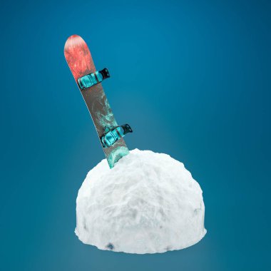 Kar kaykayının 3 boyutlu görüntüsü, bağlayıcılar ve üzerinde siyah soyut resim var. V şeklinde, direkler izole edilmiş parlak mavi arkaplanda.