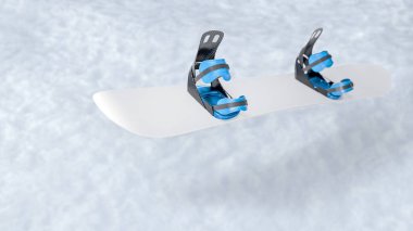 Bulanık kar arkaplanının üzerinde karbon bağlayıcıları uçuşan 3 boyutlu snowboard görüntüsü