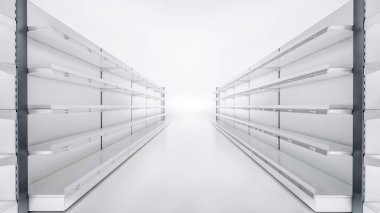 Marketin boş raflarında boş beyaz arka planda kalan 3 boyutlu geçiş görüntüsü. Süpermarketin maketi için iyi.