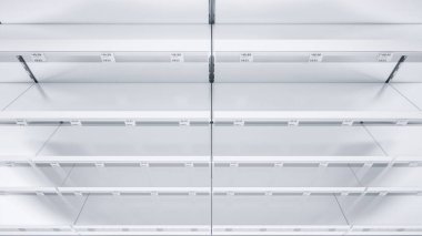 Market raflarının 3 boyutlu görüntü üst görüntüsü raf konuşmacıları ve fiyat etiketleriyle yakın plan.