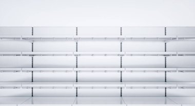 Marketin rafları boş, raf konuşmacıları ve fiyat etiketleri üst üste konulmuş 3 boyutlu görüntüsü. Bir doku gibi kullanılabilir..