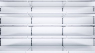 raf konuşmacıları ve fiyat etiketleriyle boş rafların 3B resmini kapat.