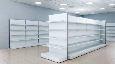 Ucuz indirimli süpermarket içi rafları içinde ön ve son rafları olan market raflarının 3 boyutlu ön görünümü