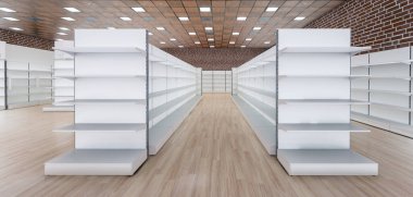 Premium süpermarketin içindeki iki uzun sıra market raflarının 3 boyutlu ön görüntüsü