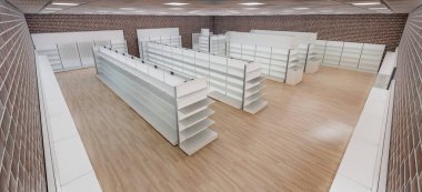 En iyi süpermarket içlerindeki market raflarının en üstteki görünümü içindeki 3B resim