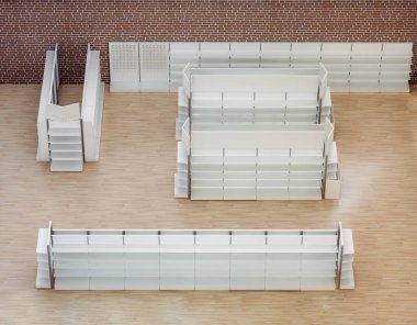 Premium süpermarketin iç tarafındaki market raflarının 3 boyutlu izometrik görüntüsü