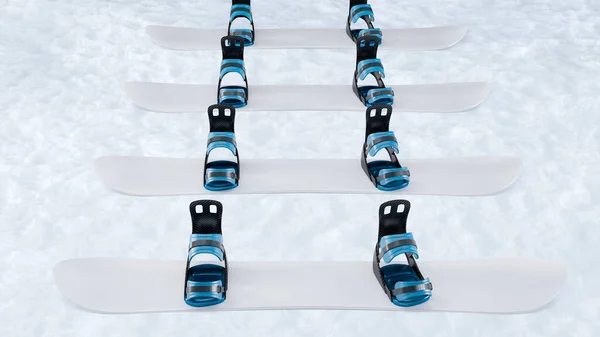 Obraz Czterech Makiet Snowboardów Wiązaniami Węglowymi Leżących Białym Śniegu — Zdjęcie stockowe