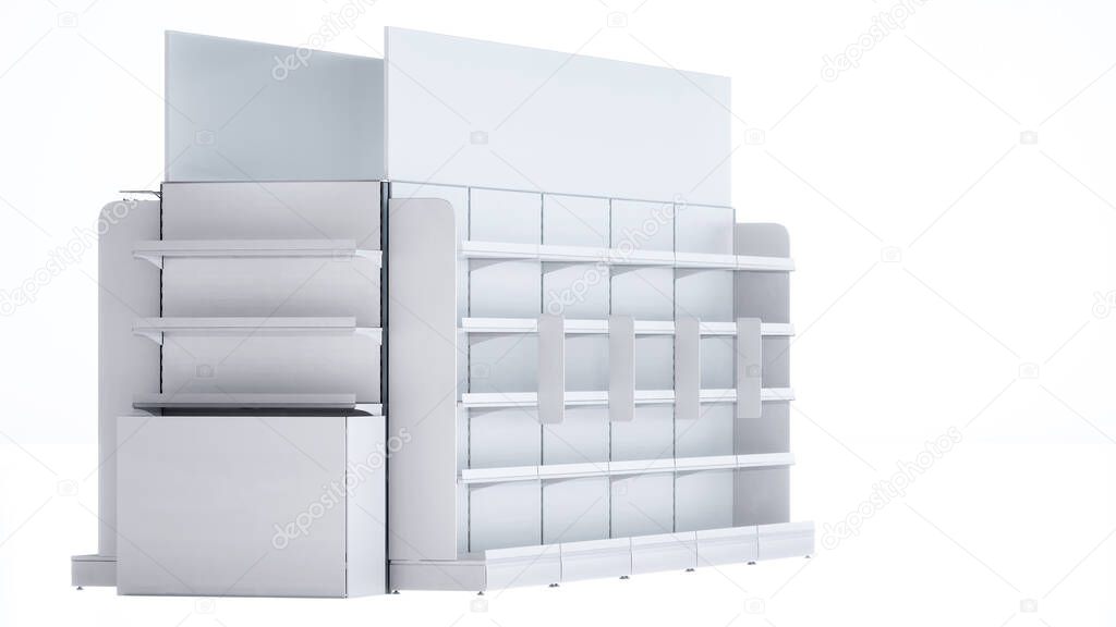 3D image side view of grocery shelves. Also it has shelf stoppers, big side stoppers, toppers and front/end shelves. On the white isolated background.