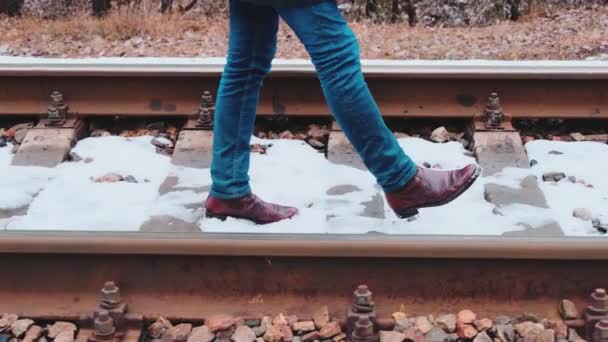 Close Footage Man Walking Rails Winter — Stock Video