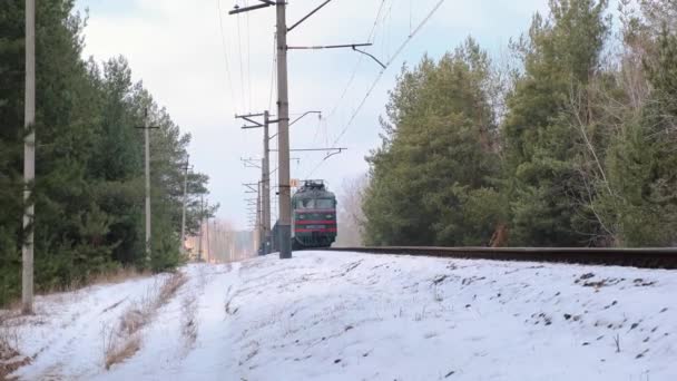 Imágenes Del Tren Mercancías Sobre Raíles Bosque Invierno — Vídeo de stock