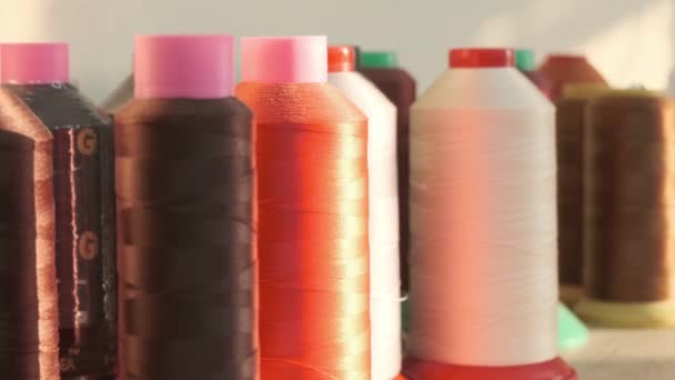 Séquences Gros Plan Fils Colorés Sur Bobines Dans Atelier Couture — Video