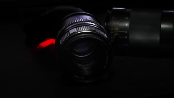 Close Shot Vintage Camera Lenses Black Background — Stock Video