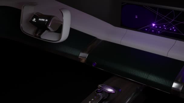具有闪烁自动驾驶仪的未来派汽车内饰3D渲染动画 — 图库视频影像