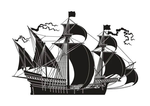 Black sailing ship on the white background — Stock Vector