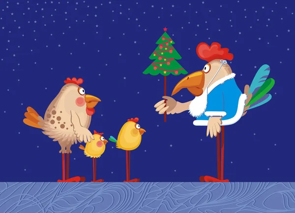 La famiglia dei polli festeggia il Natale — Vettoriale Stock