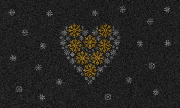 雪の結晶から作られた心とアスファルトの背景 — ストック写真