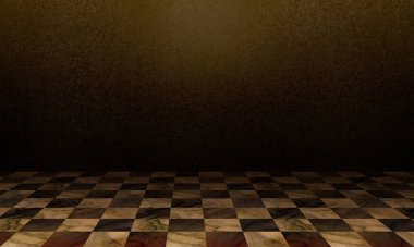 Siyah ve beyaz satranç zeminli boş bir iç sahne 