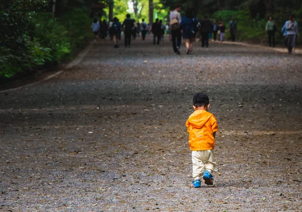 Yalnız bir çocuk bir parkta yürüyüş Stok Fotoğraf