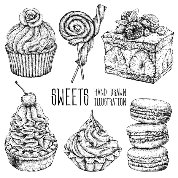 Conjunto de bocetos de dulces y pasteles — Vector de stock