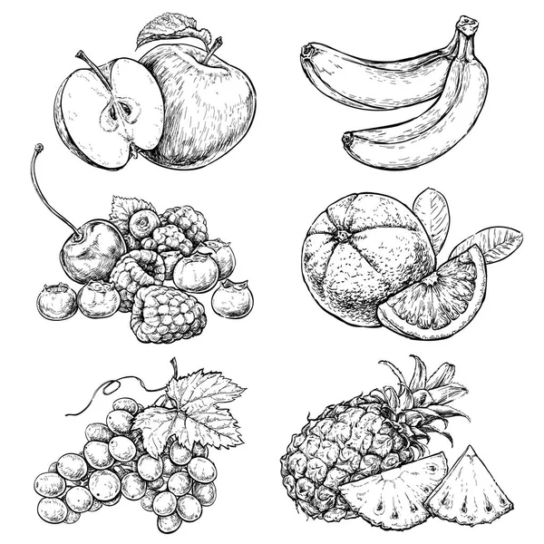 Zwart Wit Set Van Zomer Fruit Vectorillustratie — Stockvector