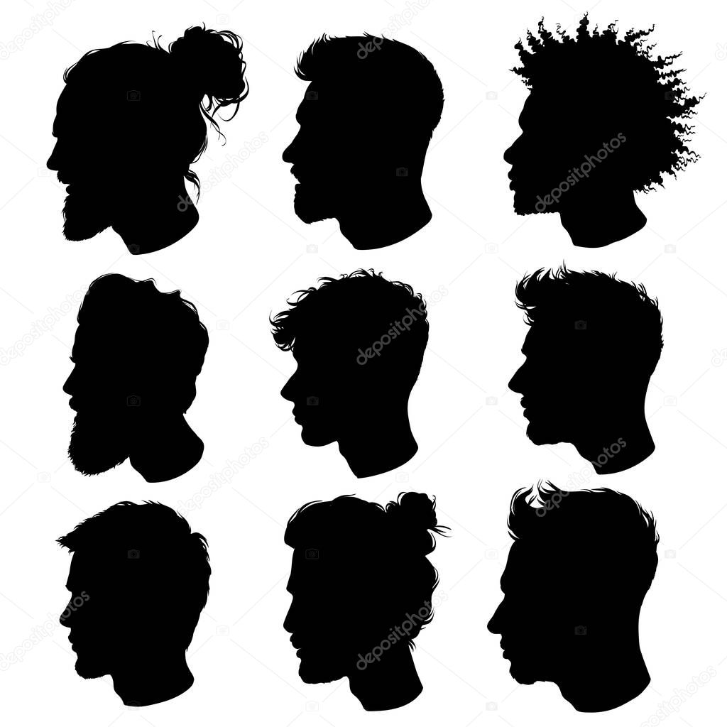 Set of black men head silhouettes on white background, vector illustration