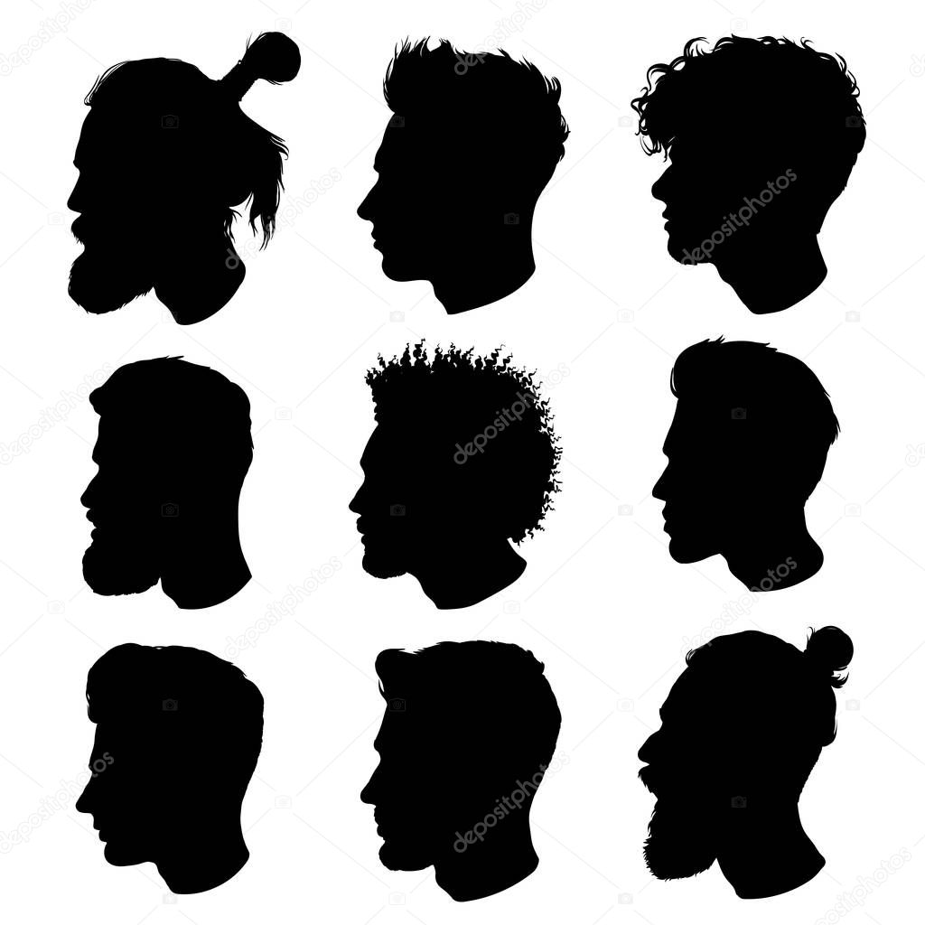 Set of black men head silhouettes on white background, vector illustration