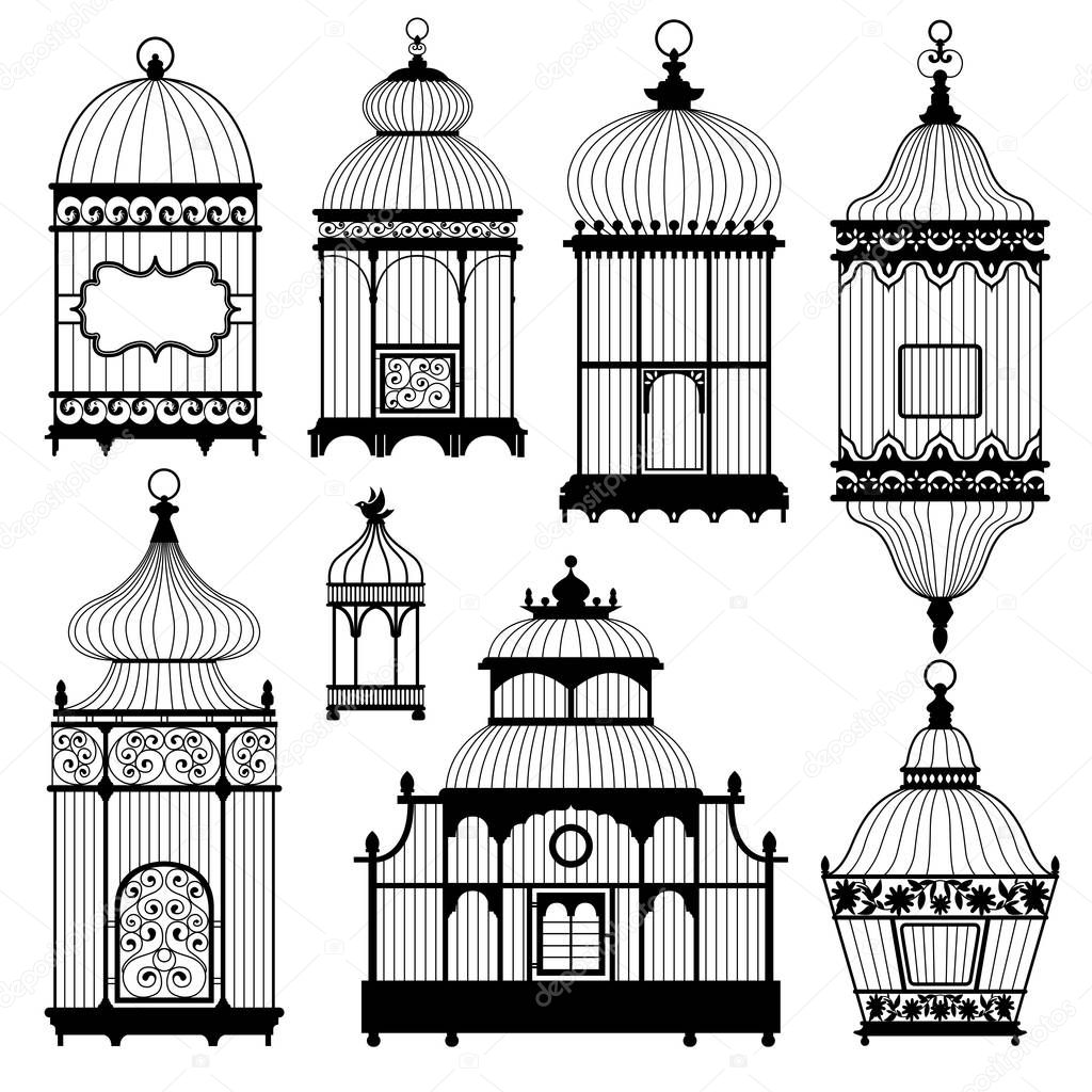 Black and white set of bird cages, vector illustration
