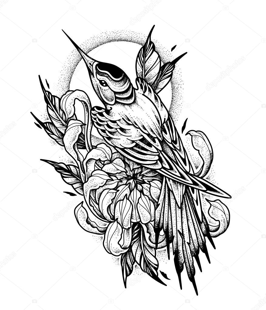Chrysanthemum and Hummingbird tattoo. Dot work, psychedelic, zentangle style. vector illustration