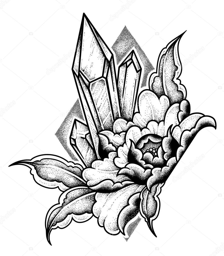 Crystal with a flower tattoo. Dot work, psychedelic, zentangle style. vector illustration