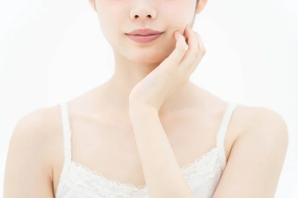 Asian Japanese Young Woman Who Touches Checks Her Skin Condition — Stock Photo, Image