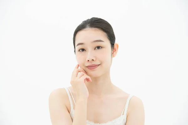 Asiatisk Japansk Ung Kvinna Som Rör Vid Och Kontrollerar Sin — Stockfoto