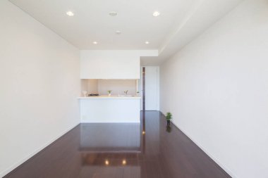 Beyaz tonlu bir dairede parlak ve temiz bir mutfak.