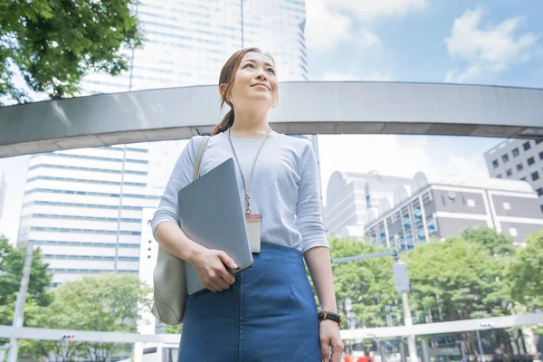 Asiatisk Japansk Kvinnlig Kontorsarbetare Som Arbetar Utomhus Med Bärbar Dator — Stockfoto