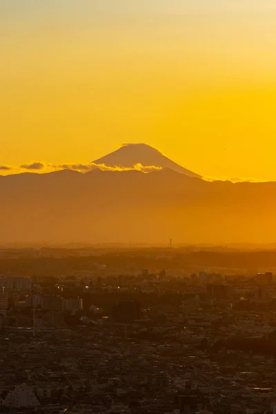 Stadtlandschaft Abend Mit Silhouetten Der Stadt Tokio Und Des Fuji — Stockfoto