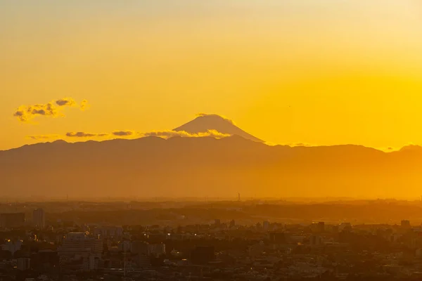 Stadtlandschaft Abend Mit Silhouetten Der Stadt Tokio Und Des Fuji — Stockfoto