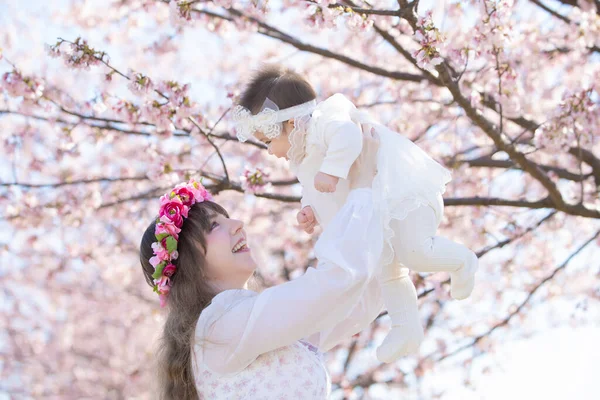 Young Caucasian Mother Baby Enjoying Row Cherry Blossoms Full Bloom — Stock Photo, Image