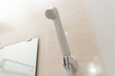 Dairedeki temiz banyoda duş başlığının yakın plan fotoğrafı.