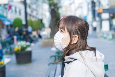 Asyalı kadın damlacık enfeksiyonunu önlemek için burundan çeneye kadar maske takıyor.