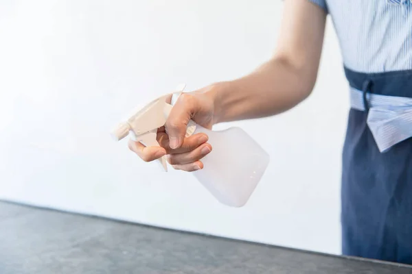 Young Asian Woman Spraying Disinfectant Spray Table House — Stock Photo, Image