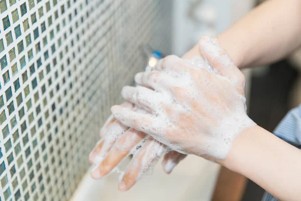 Close Photo Washing Hands Carefully Sufficient Amount Hand Soap — Stock Photo, Image