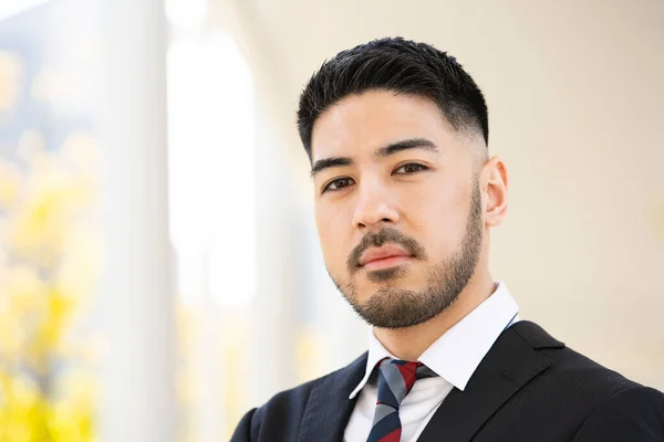 Mixed Race Young Businessman Beard Suit Standing Outdoors — Stock Photo, Image