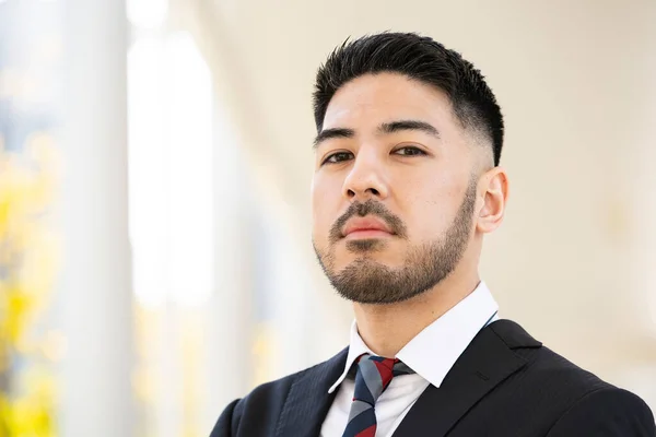 Mixed Race Young Businessman Beard Suit Standing Outdoors — Stock Photo, Image