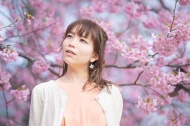 Asyalı genç bir kadın baharda çiçek açan kiraz çiçeklerinin tadını çıkarıyor.