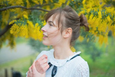 Beyaz tenli genç bir kadın çiçek açan mimoza çiçeklerine bakıyor.