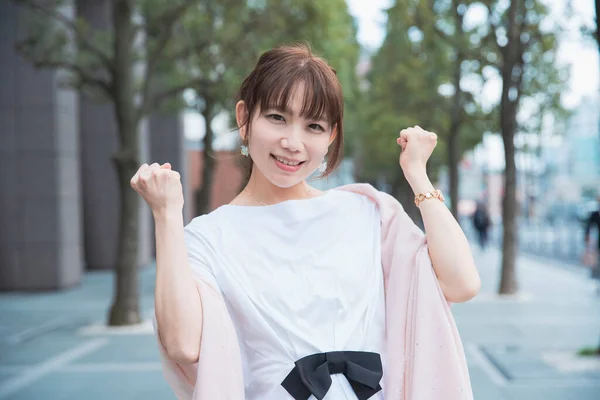 Asian Young Woman Holding Hands Doing Guts Pose — Stock Photo, Image