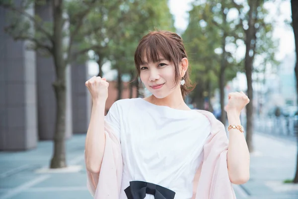 Asian Young Woman Holding Hands Doing Guts Pose — Stock Photo, Image