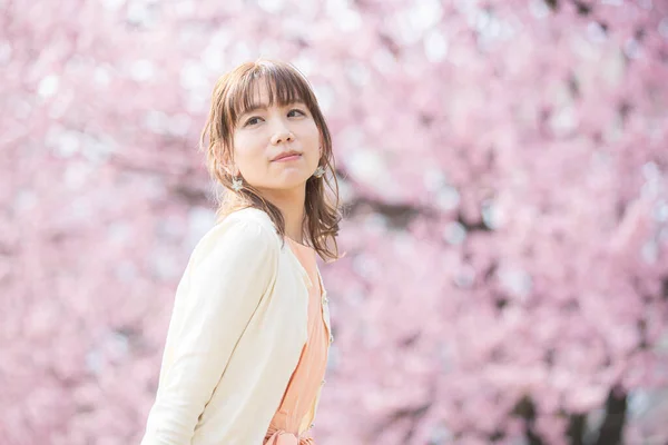 Asijské Mladá Žena Těší Cherry Květ Květiny Plném Květu Jaře — Stock fotografie