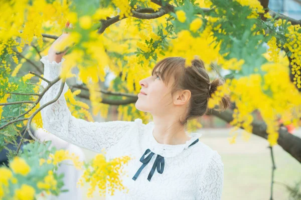 Mulher Jovem Caucasiana Olhando Perto Das Flores Mimosa Florescendo — Fotografia de Stock