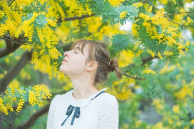 Beyaz tenli genç bir kadın çiçek açan mimoza çiçeklerine bakıyor.