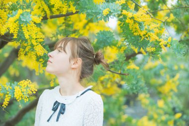 Beyaz tenli genç bir kadın çiçek açan mimoza çiçeklerine bakıyor.